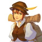  bag blush brown_hair dress green_eyes hat jewelry looking_at_viewer mella necklace octopath_traveler short_hair simple_background smile solo tressa_(octopath_traveler) white_background 