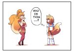  4koma animal_ears bangs black_border border bracelet breasts chinese_clothes cleavage cleavage_cutout closed_eyes comic english eyebrows_visible_through_hair firefox fox_ears fox_girl fox_tail full_body gradient_hair hair_between_eyes hand_on_hip high_heels highres hinghoi jewelry large_breasts laughing leg_warmers long_hair looking_at_another medium_hair multicolored_hair multiple_girls open_mouth orange_hair orange_skirt os-tan ponytail sailor_collar simple_background skirt smile squirrel_ears squirrel_girl squirrel_tail sweatdrop tail thighhighs thought_bubble uc_browser white_background zettai_ryouiki 