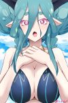  :o blue_bikini_top blue_hair breasts cleavage commentary_request eyelashes fang fate/grand_order fate_(series) highres horns huge_breasts long_hair looking_at_viewer pointy_ears purple_eyes rdim6gr8 short_eyebrows solo symbol-shaped_pupils tiamat_(fate/grand_order) twitter_username 
