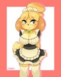  absurd_res animal_crossing apron arzonaut big_breasts blonde_hair blush blush_stickers border bow breasts canine cleavage clothed clothing collarbone dog dress eyebrows_visible_through_hair female fur green_eyes hair happy hi_res isabelle_(animal_crossing) legwear maid_uniform mammal nintendo shih_tzu short_hair signature simple_background smile standing thigh_highs tied_hair topknot uniform video_games white_background yellow_fur 