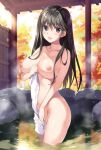  autumn_leaves black_hair blurry blurry_background breasts commentary_request covering covering_crotch depth_of_field eyebrows_visible_through_hair hand_on_own_chest huge_breasts long_hair looking_at_viewer mole mole_under_eye naked_towel navel nipples nude onsen original oryou outdoors purple_eyes sidelocks smile solo steam towel wading wet 