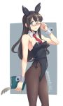  adjusting_eyewear animal_ears black_hair black_leotard book breasts brown_legwear bunny_ears bunny_tail bunnysuit cowboy_shot detached_collar fake_animal_ears green_eyes hairband kantai_collection leotard long_hair looking_at_viewer necktie oda_masaki_(b-minor) ooyodo_(kantai_collection) pantyhose quill red_neckwear semi-rimless_eyewear small_breasts solo strapless strapless_leotard tail two-tone_background under-rim_eyewear white_background wrist_cuffs 