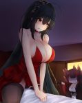  absurdres ahoge akagi_(azur_lane) animal_ears azur_lane bangs bare_shoulders black_hair blush breasts cleavage cocktail_dress collarbone commentary dress eyebrows_visible_through_hair fox_ears fox_tail hair_between_eyes hair_ornament highres huge_breasts japanese_clothes kitsune large_breasts long_hair mctom multiple_tails no_eyes open_door red_dress red_eyes shaded_face smile taihou_(azur_lane) tail thighhighs very_long_hair walk-in 