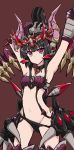  absurdres armpits black_hair black_panties blush breasts brown_background groin highres looking_at_viewer navel panties purple_eyes resonancq senki_zesshou_symphogear senki_zesshou_symphogear_xd_unlimited simple_background small_breasts solo tsukuyomi_shirabe underwear 