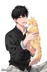  artist_name banana_fish black_hair cat collared_shirt face_licking gearous grey_eyes highres licking male_focus okumura_eiji one_eye_closed open_mouth shirt smile tongue tongue_out 
