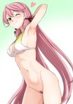  akashi_(kantai_collection) arm_up armpits bangs bikini_top blush breasts cleavage closed_mouth commentary_request cowboy_shot eyebrows_visible_through_hair green_eyes hair_behind_ear hair_between_eyes hair_ribbon heart kantai_collection kumadano long_hair looking_at_viewer navel one_eye_closed pink_hair pubic_hair ribbon sideboob simple_background smile solo standing swimsuit tress_ribbon underboob very_long_hair 