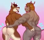  anthro backsack balls big_butt butt canine duo facial_hair goatee hand_on_butt looking_back male male/male mammal marlon.cores muscular muscular_male nude open_mouth rhinoceros smile standing thick_thighs 