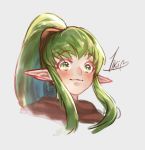  blush cape chiki fire_emblem fire_emblem:_monshou_no_nazo fire_emblem_heroes green_eyes green_hair hood krazehkai long_hair looking_at_viewer mamkute pointy_ears ponytail smile solo 