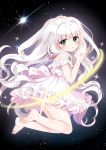  1girl blue_eyes dress egg hanabana_tsubomi kuro-chan_chi_no_oshiire_ga_tsukaenai_riyuu long_hair no_panties silver_hair solo space sparkle star white_dress 