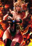  absurdres artist_name artofkuzu ass_visible_through_thighs bare_shoulders black_footwear black_gloves black_leotard blonde_hair blue_earrings blurry blurry_background blush boots bowsette bracelet breasts brooch chain collar collarbone crown embers explosion fang_out fire gloves green_eyes hair_between_eyes hand_in_hair hand_on_own_chest highres horns jewelry large_breasts leotard light_particles lipstick long_hair looking_at_viewer makeup mario_(series) molten_rock neck new_super_mario_bros._u_deluxe red_lipstick sapphire_(stone) shiny shiny_clothes shiny_skin slit_pupils solo spiked_bracelet spiked_collar spiked_shell spiked_tail spikes strapless strapless_leotard super_crown tail thick_thighs thigh_boots thigh_gap thighhighs thighs underboob_cutout wide_hips 