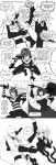  2boys 2girls absurdres anger_vein armlet bald bodysuit bulge cape comic commentary cosplay crown dress elbow_gloves english genderswap genderswap_(mtf) gloves greyscale highres holding holding_sword holding_umbrella holding_weapon kicking left-to-right_manga long_hair long_sleeves looking_at_another mario_(series) monochrome multiple_boys multiple_girls new_super_mario_bros._u_deluxe one-punch_man onsoku_no_sonic open_mouth pinky_out saitama_(one-punch_man) short_hair smile strapless strapless_dress super_crown sword tatsumaki the_golden_smurf transformation umbrella weapon 