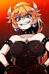  abs blonde_hair blue_eyes bowsette bracelet breasts cleavage collar collarbone commentary_request crown earrings fangs hands_on_hips harknel highres horns jewelry large_breasts mario_(series) new_super_mario_bros._u_deluxe sharp_teeth spiked_armlet spiked_bracelet spiked_collar spiked_tail spikes super_crown tail teeth turtle_shell 
