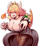  bent_over black_dress blonde_hair blue_eyes bowsette bracelet breasts breathing_fire brooch cleavage collar collarbone commentary_request crown dress earrings eyebrows eyebrows_visible_through_hair fingernails fire foreshortening horns huge_breasts jewelry long_ponytail looking_at_viewer mario_(series) megato nail_polish new_super_mario_bros._u_deluxe open_clothes open_dress open_mouth outline pantyhose pointy_ears red_eyes sharp_fingernails sharp_teeth shiny shiny_clothes shiny_hair shiny_skin slit_pupils smile spiked_bracelet spiked_collar spiked_shell spiked_tail spikes strapless strapless_dress super_crown tail teeth thighband_pantyhose thighs white_nails wide_ponytail 