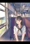  bag black_eyes black_hair closed_mouth daito day eyebrows_visible_through_hair field hair_ornament hairclip highres letterboxed long_hair looking_to_the_side open_window original reflection school_uniform serafuku sitting solo train_interior window 