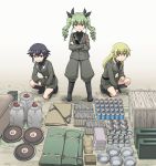  anchovy anzio_military_uniform bangs belt black_belt black_footwear black_hair black_neckwear black_ribbon black_shirt blonde_hair boots bowl box braid brown_eyes carpaccio closed_mouth commentary crossed_arms dress_shirt drill_hair eyebrows_visible_through_hair gas_tank girls_und_panzer green_eyes green_hair grey_jacket grey_pants grey_skirt grin hair_ribbon haniwa_(leaf_garden) highres jacket knee_boots long_hair long_sleeves looking_at_viewer military military_uniform miniskirt multiple_girls necktie one_knee outdoors pants pencil_skirt pepperoni_(girls_und_panzer) pot red_eyes ribbon riding_crop sam_browne_belt shirt short_hair side_braid skirt smile twin_drills twintails uniform 