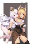  :d armlet ass bangs bare_shoulders black_legwear blonde_hair blue_eyes bowsette bracelet collar commentary_request crown elbow_gloves eyebrows_visible_through_hair frilled_gloves frilled_leotard frills gloves grey_background grin hair_between_eyes highres horns hug hug_from_behind jewelry leotard long_hair luigi's_mansion mario_(series) mini_crown multiple_girls natori_youkai new_super_mario_bros._u_deluxe open_mouth pale_skin princess_king_boo red_eyes sharp_teeth silver_hair skindentation smile spiked_armlet spiked_bracelet spiked_collar spikes strapless strapless_leotard super_crown teeth thighhighs tilted_headwear tongue tongue_out twitter_username two-tone_background very_long_hair white_background white_gloves white_leotard 