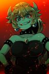  abs blonde_hair blue_eyes bowsette bracelet breasts cleavage collar collarbone crown earrings fangs hands_on_hips harknel highres horns jewelry large_breasts mario_(series) new_super_mario_bros._u_deluxe sharp_teeth spiked_armlet spiked_bracelet spiked_collar spiked_tail spikes super_crown tail teeth turtle_shell 