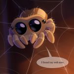  2017 4_eyes 8_legs abdomen amber_eyes ambiguous_gender arachnid arthropod brown_fur brown_theme cub cute dialogue digital_drawing_(artwork) digital_media_(artwork) english_text eye_reflection featureless_feet feral front_view full-length_portrait fur joshua_slice_(copyright) jumping_spider lighting looking_aside looking_away lucas_the_spider mandibles multi_eye multi_leg multi_limb portrait reflection shadow solo speech_bubble spider spider_web sythgara text webbing young 