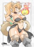  2018 5_fingers animal_humanoid armband bayeuxman big_breasts blonde_hair blue_eyes boots bowser bowsette_meme breasts choker cleavage clothed clothing collar digital_media_(artwork) female fire footwear grin hair half-closed_eyes hand_on_hip horn humanoid koopa light_skin lingerie long_hair looking_at_viewer magic mario_bros navel nintendo pose scalie shell simple_background smile solo spiked_collar spikes super_crown thick_thighs thong video_games white_background 