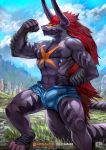  abs anthro batzz_(buddyfight) bulge cheetahpaws clothing detailed_background dragon flexing front_view future_card_buddyfight hair horn looking_at_viewer male muscular muscular_male pecs penis pose red_eyes red_hair scalie shorts solo standing sweat thick_tail wet 