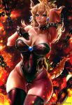  absurdres artist_name artofkuzu ass_visible_through_thighs bare_shoulders black_footwear black_gloves black_leotard blonde_hair blue_earrings blurry blurry_background blush boots bowsette bracelet breasts brooch chain collar collarbone commentary crown embers english_commentary explosion fang_out fire gloves green_eyes hair_between_eyes hand_in_hair hand_on_own_chest highres horns jewelry large_breasts leotard light_particles lipstick long_hair looking_at_viewer makeup mario_(series) molten_rock neck new_super_mario_bros._u_deluxe red_lipstick sapphire_(stone) shiny shiny_clothes shiny_skin slit_pupils solo spiked_bracelet spiked_collar spiked_shell spiked_tail spikes strapless strapless_leotard super_crown tail thick_thighs thigh_boots thigh_gap thighhighs thighs wide_hips 