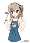  :d apron bangs bare_arms bare_shoulders black_bow black_hairband blue_apron blush boko_(girls_und_panzer) bow collarbone dated eyebrows_visible_through_hair flipper girls_und_panzer hair_between_eyes hair_bow hairband hands_up head_tilt holding ladle light_brown_hair long_hair naked_apron open_mouth shimada_arisu simple_background smile solo twitter_username white_background 