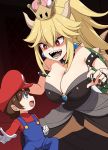  1girl age_difference bare_shoulders black_dress blonde_hair bowsette bracelet breasts claw_pose cleavage collar crown dress earrings highres horns huge_breasts jewelry kloah mario mario_(series) new_super_mario_bros._u_deluxe red_eyes sharp_teeth smile spiked_armlet spiked_bracelet spiked_collar spiked_shell spikes spread_legs super_crown tail teeth thick_eyebrows thighs 
