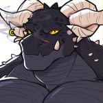  absurd_res anthro big_horns bust_portrait close-up dragon hi_res horn_ring looking_at_viewer male manly mature_male muscular muscular_male pecs portrait purple_scales scales scar smile smoke solo stuffedeggs teeth yellow_eyes 