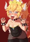 2018 5_fingers absurd_res aged_down animal_humanoid armband bedroom_eyes black_fingernails blonde_hair blue_eyes bowser bowsette_meme breasts cleavage clothed clothing collar digital_media_(artwork) dress fangs female galdelic hair half-closed_eyes hi_res horn humanoid koopa light_skin long_tail looking_at_viewer mario_bros navel nintendo open_mouth red_background scalie seductive shell simple_background solo spiked_collar spikes super_crown tight_clothing tongue tongue_out video_games 