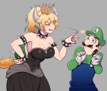  1boy 1girl armlet armpits artistntraining bare_shoulders black_dress blonde_hair blue_eyes blue_overalls bowsette bracelet breasts brooch brown_hair cleavage clenched_teeth collar collarbone commentary crown dress earrings english_commentary eyebrows_visible_through_hair eyebrows_visible_through_hat facial_hair gloves green_hat green_shirt grey_background grin hand_on_hip hand_up hands_up hat high_ponytail highres horns jewelry large_breasts long_hair long_sleeves looking_at_another luigi mario_(series) mustache new_super_mario_bros._u_deluxe overalls pointy_ears ponytail scared sharp_teeth shirt simple_background smile spiked_armlet spiked_bracelet spiked_collar spiked_shell spiked_tail spikes standing strapless strapless_dress super_crown super_mario_bros. tail teeth turtle_shell upper_body v-shaped_eyebrows 