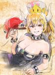  alternate_eye_color bangs bare_shoulders baseball_cap black_dress blonde_hair bowsette bracelet breasts brown_eyes cleavage collar collarbone commentary_request crown dress eyebrows_visible_through_hair grin hair_between_eyes hat highres holding horns jewelry large_breasts long_hair looking_at_viewer mario_(series) mayo_riyo multicolored multicolored_background new_super_mario_bros._u_deluxe open_mouth ponytail sharp_teeth smile solo spiked_bracelet spiked_collar spikes strapless strapless_dress super_crown tail teeth 