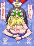  1girl @_@ bare_shoulders blonde_hair blue_eyes bowsette bracelet breasts collar commentary_request crown dress gameplay_mechanics horns jewelry large_breasts mabo-udon mario mario_(series) new_super_mario_bros._u_deluxe ponytail sharp_teeth spiked_armlet spiked_bracelet spiked_collar spiked_shell spiked_tail spikes strapless strapless_dress super_crown super_mario_64 tail tail_grab teeth turtle_shell 