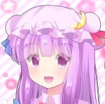  blue_ribbon blush bright_background close-up crescent crescent_moon_pin double_bun eyebrows_visible_through_hair hat head looking_at_viewer open_mouth patchouli_knowledge purple_eyes purple_hair red_ribbon ribbon smile solo star striped striped_background touhou upper_body yukina_kurosaki 