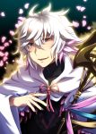  ahoge caffein collarbone fate/grand_order fate_(series) flower highres holding holding_staff merlin_(fate) nail_polish open_mouth petals purple_eyes solo staff white_hair 