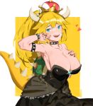  armlet bangs bare_shoulders black_choker black_dress black_nails blonde_hair bowsette bracelet breasts brooch brown_hair choker cleavage collarbone crown dress fingernails furrowed_eyebrows heart highres horns jewelry large_breasts mario_(series) nail_polish new_super_mario_bros._u_deluxe ponytail sharp_fingernails solo spiked_bracelet spiked_choker spikes strapless strapless_dress super_crown tail tommy830219 turtle_shell 
