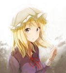  blonde_hair breasts fumei_(mugendai) hat long_sleeves looking_at_viewer maribel_hearn medium_breasts mob_cap neck_ribbon open_mouth purple_eyes ribbon shirt short_hair solo touhou upper_body 