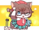  1girl blue_eyes brown_hair cat cat_busters furry glasses hinako_iroiro one_eye_closed open_mouth short_hair solo 