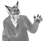  anthro biped claws clothed clothing feline fully_clothed jailbird lynx male mammal pawpads paws redisius_(baldrek) simple_background smile solo suit waving white_background 