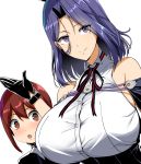  1girl bare_shoulders black_gloves breasts brown_eyes brown_hair gloves hair_intakes highres huge_breasts kantai_collection kloah little_boy_admiral_(kantai_collection) long_hair mole mole_under_eye purple_eyes purple_hair short_hair simple_background tatsuta_(kantai_collection) white_background 