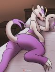  bed blush butt claws cute female feral fur hi_res inside looking_at_viewer looking_back lying mammal mienshao nintendo on_front open_mouth pikajota pok&eacute;mon pok&eacute;mon_(species) presenting presenting_hindquarters presenting_pussy pussy raised_tail solo spread_legs spreading video_games 