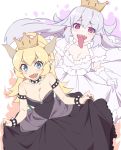  black_dress blonde_hair blush bowsette bracelet breasts cleavage collar commentary_request crown dress earrings fingernails frills grey_hair jewelry large_breasts looking_at_viewer luigi's_mansion m-ya mario_(series) multiple_girls nail_polish new_super_mario_bros._u_deluxe pale_skin pointy_ears princess_king_boo purple_eyes sharp_fingernails sharp_teeth spiked_armlet spiked_bracelet spiked_collar spikes super_crown teeth tongue tongue_out white_dress 