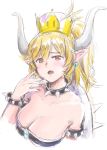  alternate_eye_color bare_shoulders black_dress blonde_hair bowsette bracelet breasts brown_eyes cleavage collar commentary_request crown dress hat highres horns jewelry large_breasts mario_(series) mayo_riyo new_super_mario_bros._u_deluxe ponytail sharp_teeth spiked_bracelet spiked_collar spikes strapless strapless_dress super_crown teeth white_background 