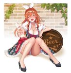  :d ^_^ bangs barrel bow braid breasts brick_wall cleavage closed_eyes closed_mouth collarbone commentary_request crown_braid cup dirndl dress drinking_glass floral_print full_body german_clothes hair_bow high_heels highres holding leaf medium_breasts official_art open_mouth orange_hair panties pantyshot pantyshot_(sitting) plant ponytail puffy_short_sleeves puffy_sleeves shimashima08123 shiny shiny_hair shiny_skin short_dress short_sleeves sidelocks sitting smile solo tokyo_exe_girls underwear wall 