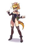  1girl bare_shoulders blonde_hair blue_eyes blush bowsette bracelet breasts cleavage collar crown earrings high_heels horns jewelry large_breasts mario_(series) nail_polish nintendo open_mouth pointy_ears ryuusei_(mark_ii) solo spiked_bracelet spiked_collar spikes super_crown thighhighs 