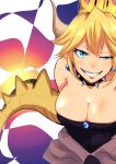  absurdres armlet bare_shoulders black_dress blonde_hair blue_eyes bowsette bracelet breasts cleavage collar crown dress earrings highres horns jewelry large_breasts long_hair looking_at_viewer mario_(series) new_super_mario_bros._u_deluxe pointy_ears ponytail sharp_teeth solo spiked_bracelet spiked_collar spiked_tail spikes strapless strapless_dress super_crown tail tatsunoko_777 teeth 