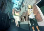  arch bag blush brown_eyes brown_hair closed_mouth clothesline day door doorway dumpster eyebrows handbag highres looking_away original outdoors power_lines scenery short_hair shutter solo stairs standing wavy_hair window yoshida_seiji 