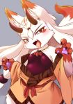  1girl fox furry japanese_clothes long_hair open_mouth red_eyes solo tongue ukan_muri white_hair 