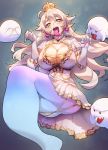  2018 big_breasts boo_(mario) breasts butt cleavage clothed clothing crown dress ear_piercing female ghost gloves group hair king_boo long_hair looking_at_viewer mario_bros muloli nintendo not_furry piercing pointy_ears sharp_teeth spirit star_eyes super_crown sweat teeth tongue tongue_out video_games white_hair 