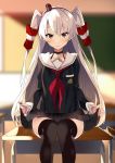 amatsukaze_(kantai_collection) black_legwear blurry blurry_background brown_eyes choker depth_of_field desk hair_tubes hat highres itsui_(dihydrogenmonoxid) kantai_collection long_hair mini_hat on_desk school_uniform silver_hair sitting sitting_on_desk skirt smokestack_hair_ornament solo thighhighs tilted_headwear two_side_up windsock 