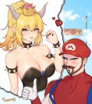  1girl absurdres artist_name bare_shoulders beard black_nails blonde_hair blue_eyes blush bowsette bracelet breasts choney cleavage collar crown earrings facial_hair gloves hat heart highres horns jewelry large_breasts lips long_hair looking_at_viewer mario mario_(series) mustache nail_polish new_super_mario_bros._u_deluxe pointy_ears ponytail sidelocks signature smile spiked_armlet spiked_bracelet spiked_collar spikes super_crown super_mario_bros. suspenders thumbs_up white_gloves 
